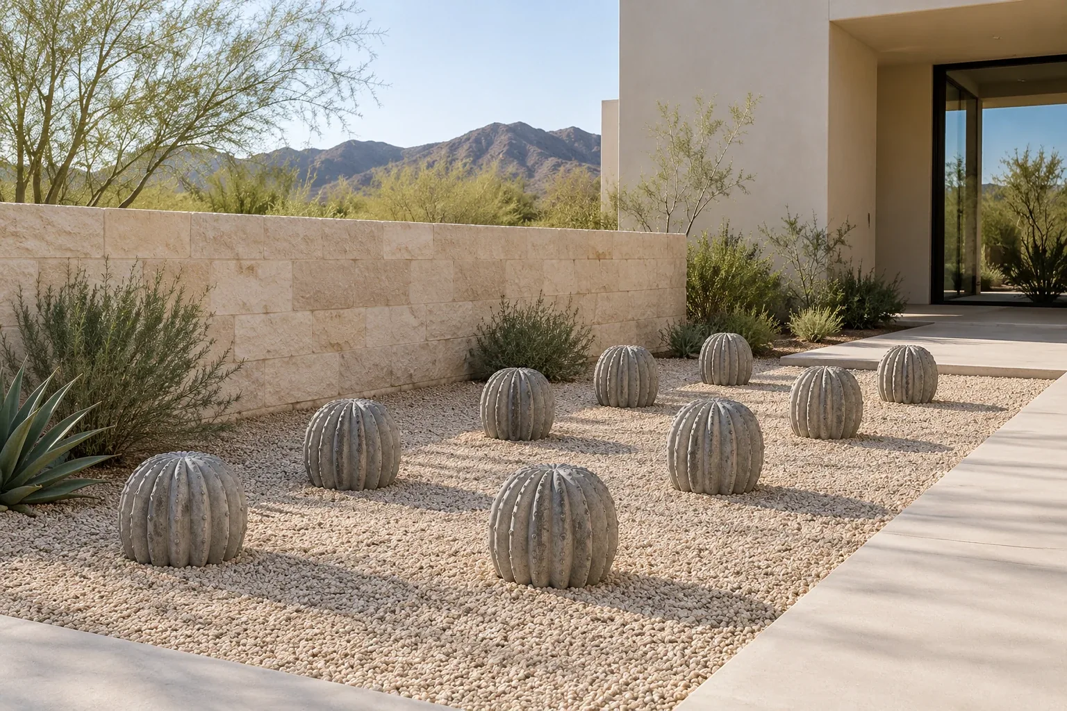 Small gray concrete barrel cacti arranged in staggered rows in a warm stone architectural courtyard