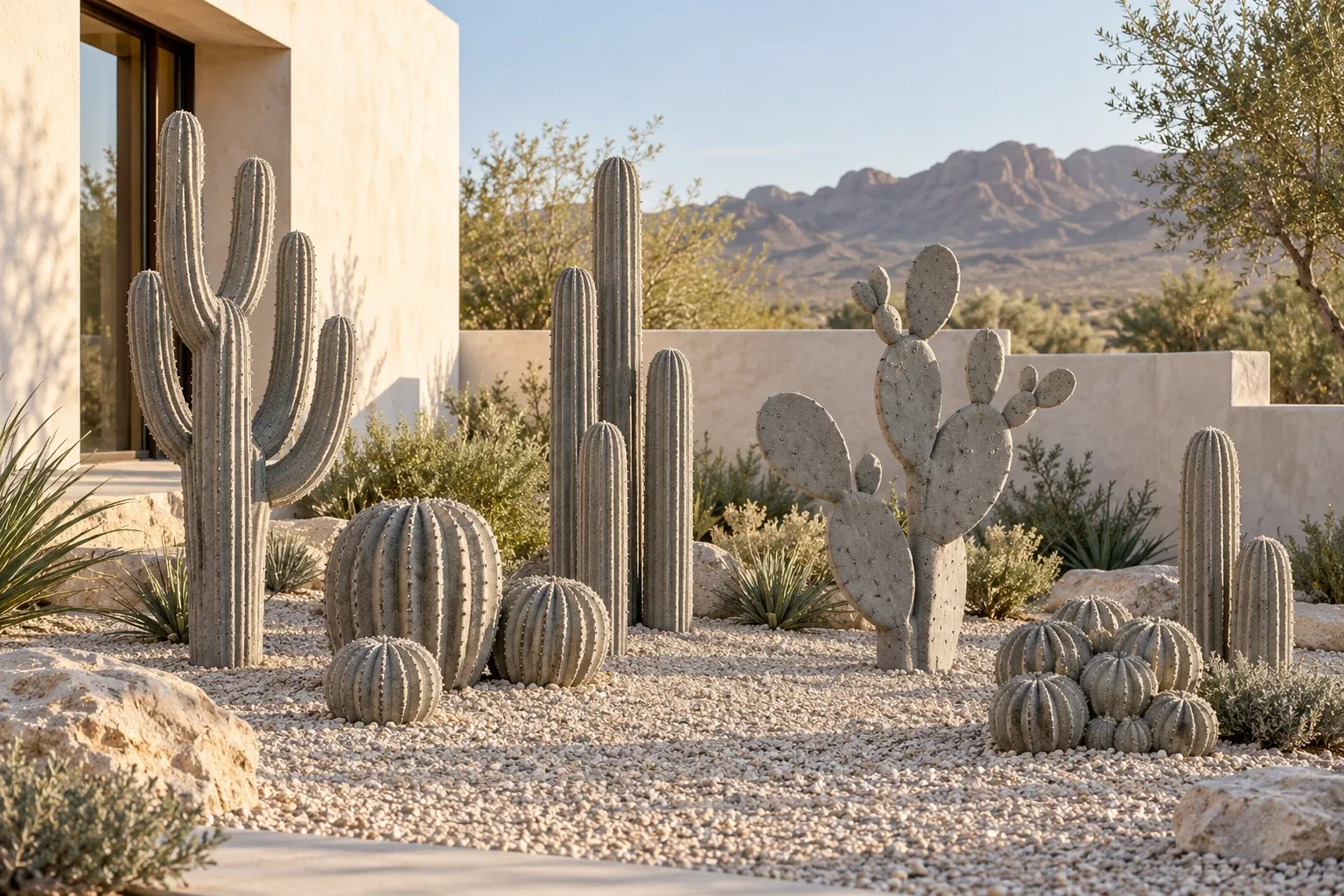 Custom concrete cactus garden combining branching columns, barrel cacti, prickly pear pads and clustered forms in a contemporary courtyard