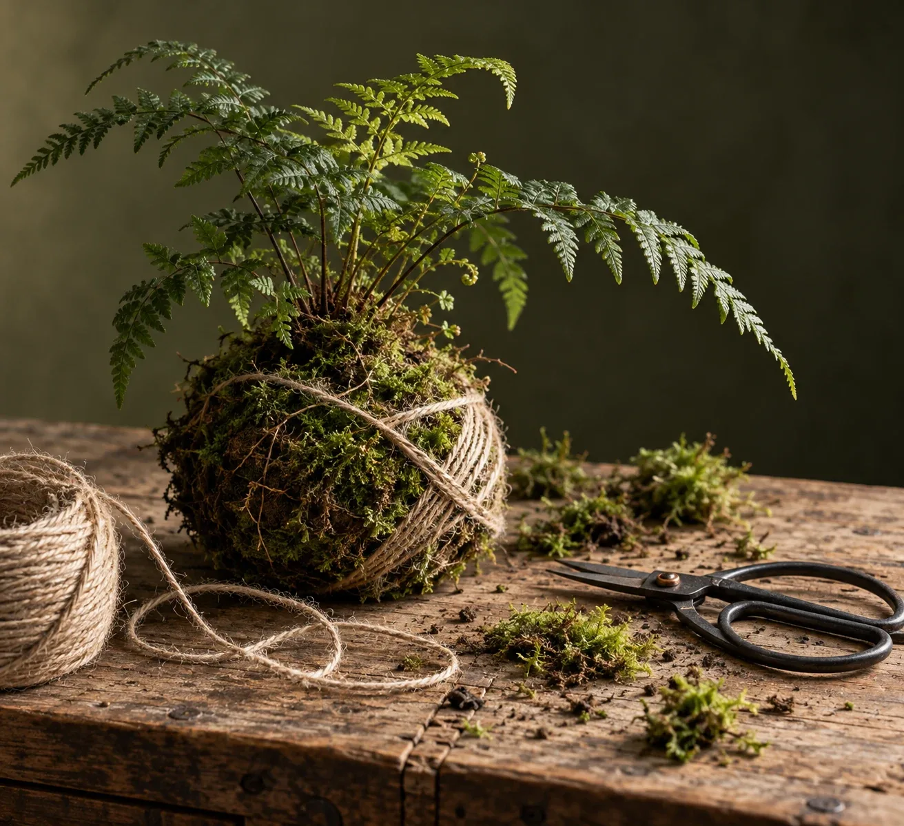 Moss ball, twine and pruning scissors on an oak botanical craft table
