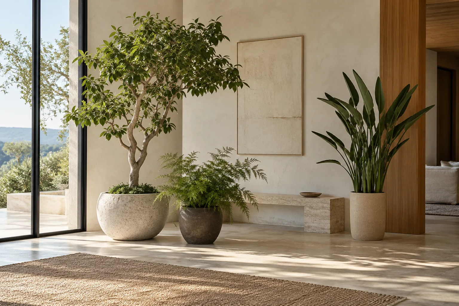 Sculptural ficus tree, fern and upright foliage in individual stone and ceramic vessels in a warm contemporary interior