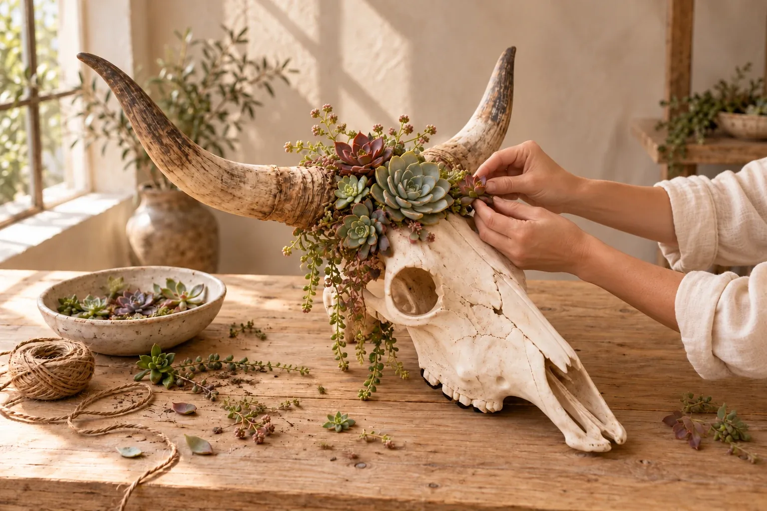 A woman arranging succulents on a right-facing cow skull at a botanical workshop table